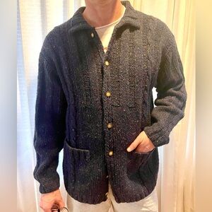 J. Peterman Wool Cardigan, collar, pockets, speckled blue, L(fits like XL)